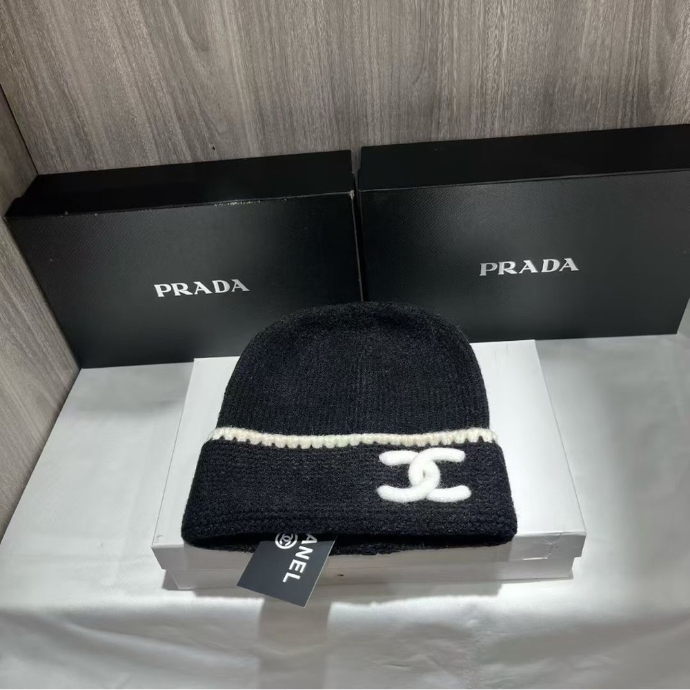 CHANEL Black Beanie with White Logo